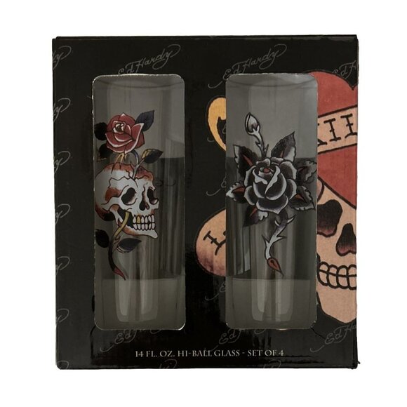 Set of 4 Don Ed Hardy 14 oz. HI-BALL GLASSES Devils Vampire Blood NEW in Box - Picture 1 of 6